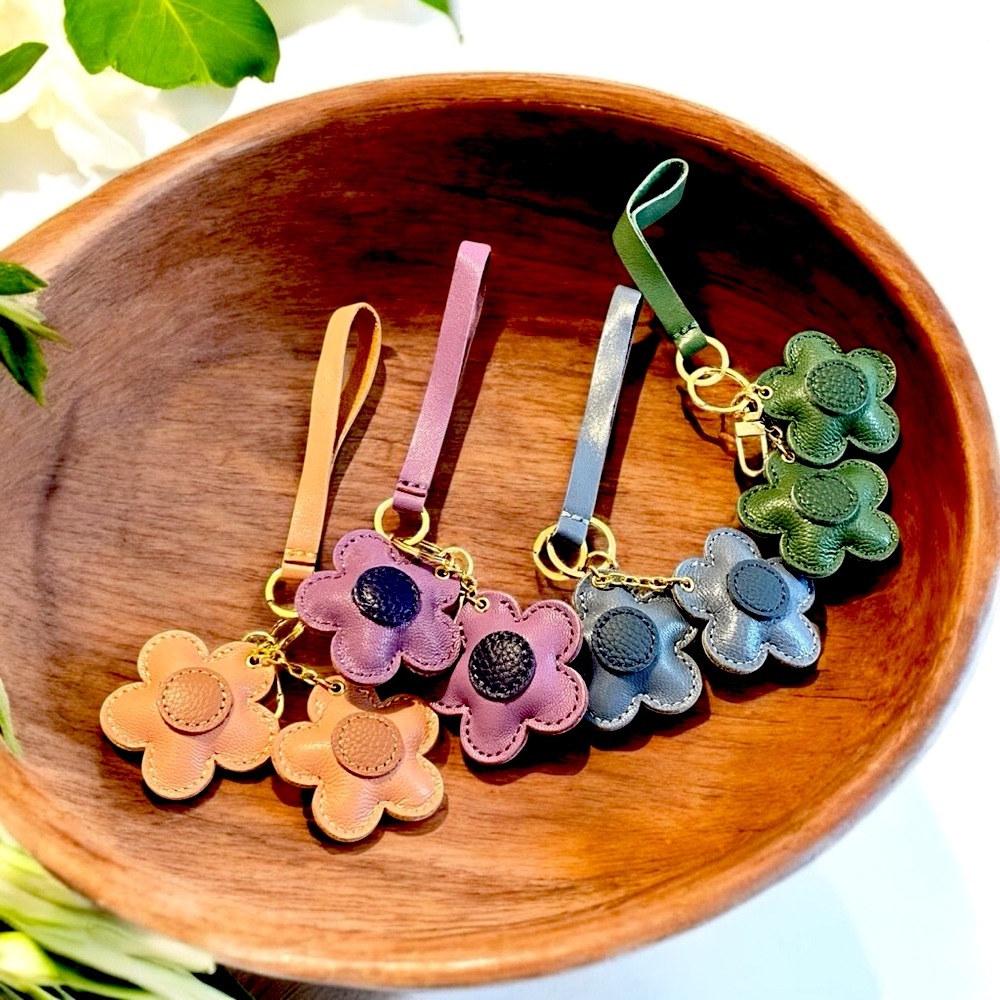 Floral Leather Key  Card Holder Green Leather